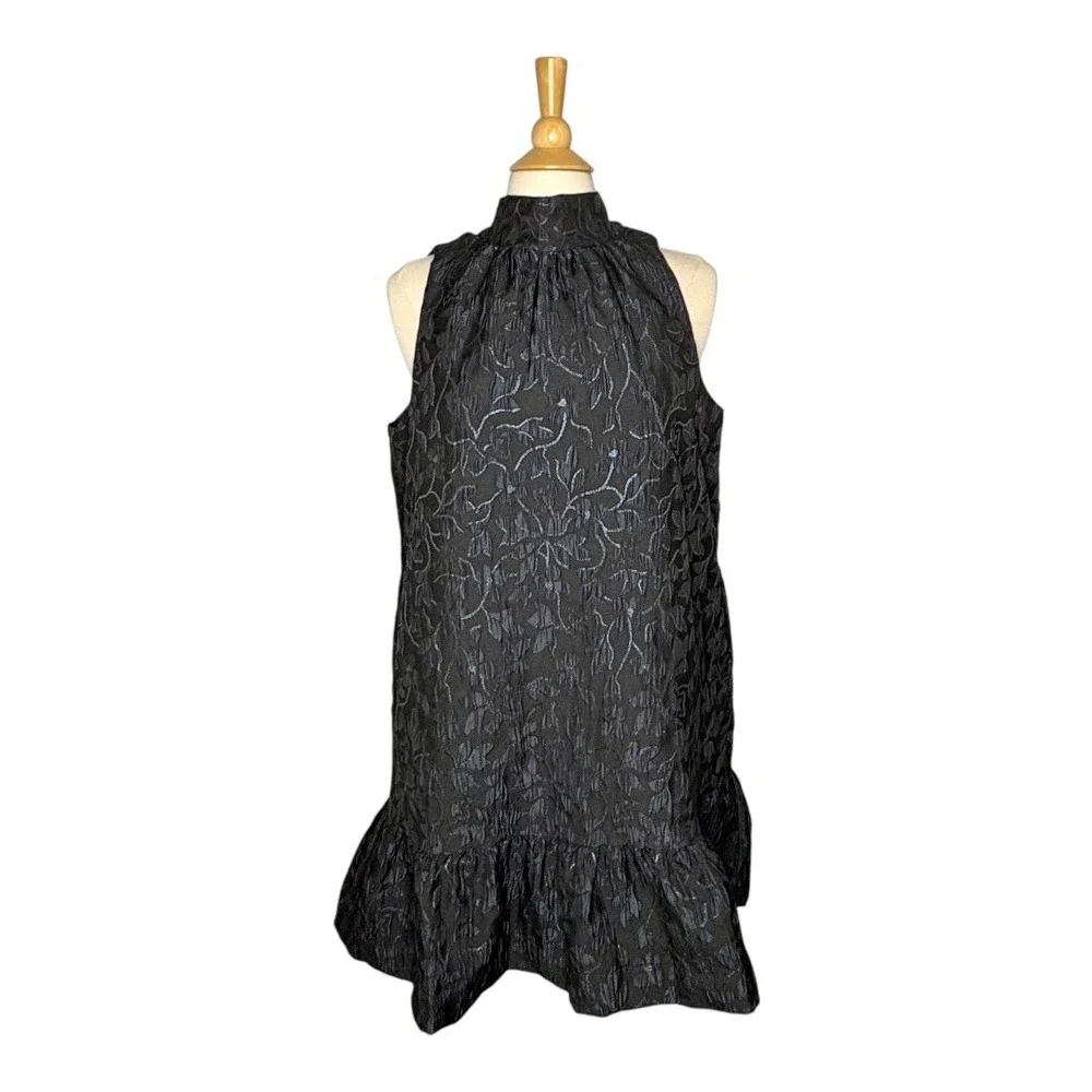 Scoop Mini Dress Women‎ Large Black Blue Metallic Floral Jacquard Mock Neck Tie